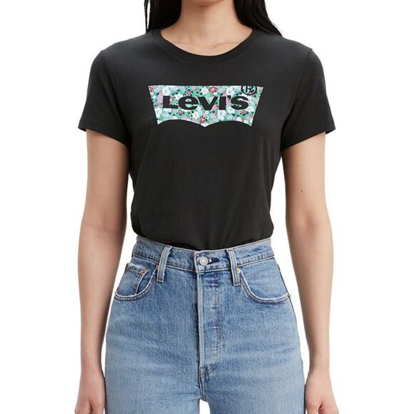 Levi's Women's Black Floral Logo Graphic Tee Graphic Crewneck T-Shirt Medium - Picture 1 of 5